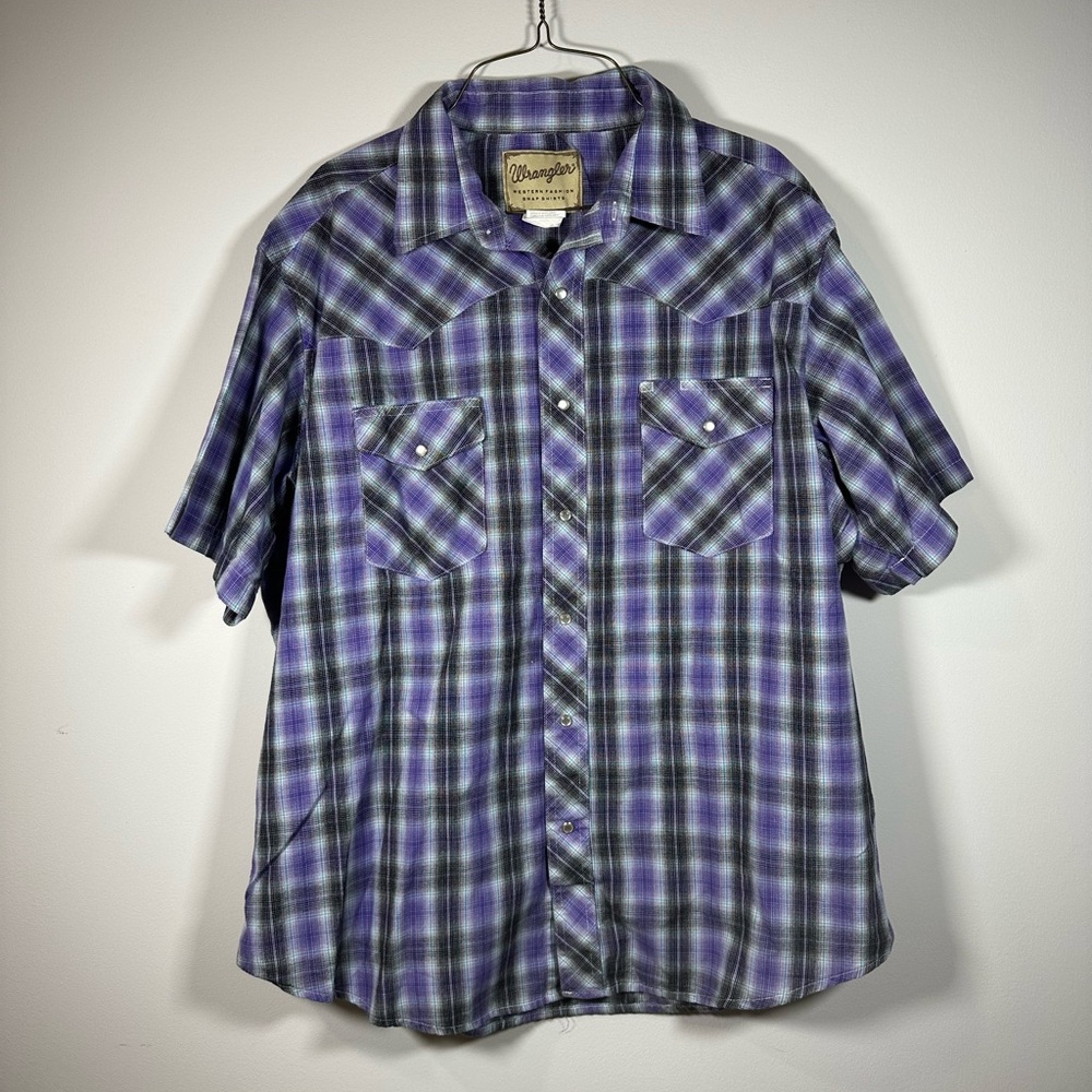 Wrangler‎ Western Shirt Pearl Snap Button Purple Plaid Short Sleeve Collared XL